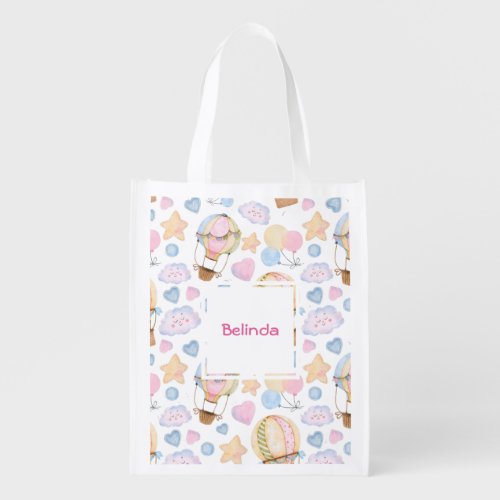 Hot Air Balloon Whimsical Watercolor Pattern Grocery Bag