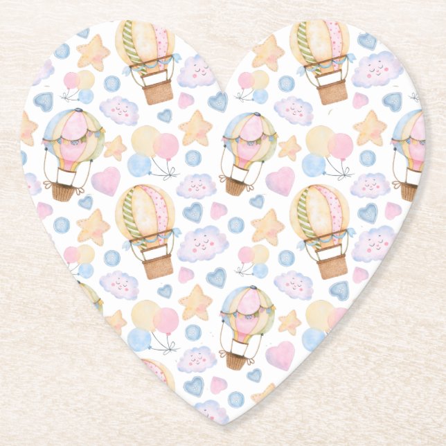 Hot Air Balloon Whimsical Watercolor Pattern Paper Coaster (Front)