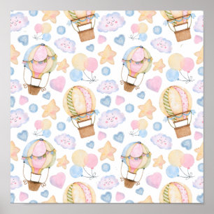 Hot Air Balloon Whimsical Watercolor Pattern Poster