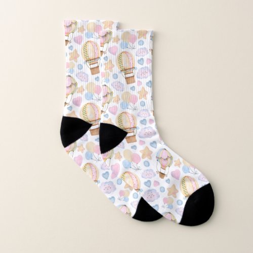 Hot Air Balloon Whimsical Watercolor Pattern Socks