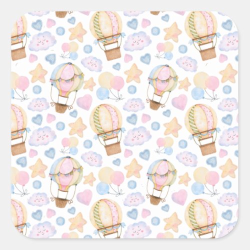 Hot Air Balloon Whimsical Watercolor Pattern Square Sticker