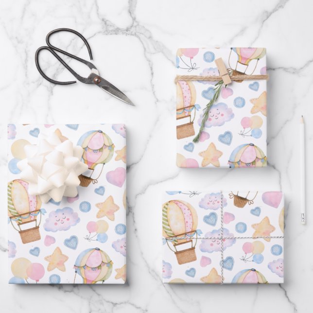 Hot Air Balloon Whimsical Watercolor Pattern Wrapping Paper Sheets (Front)