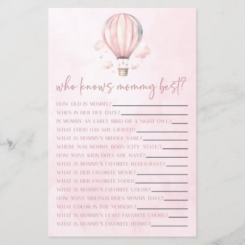 Hot Air Balloon Who Knows Mommy Baby Shower Game