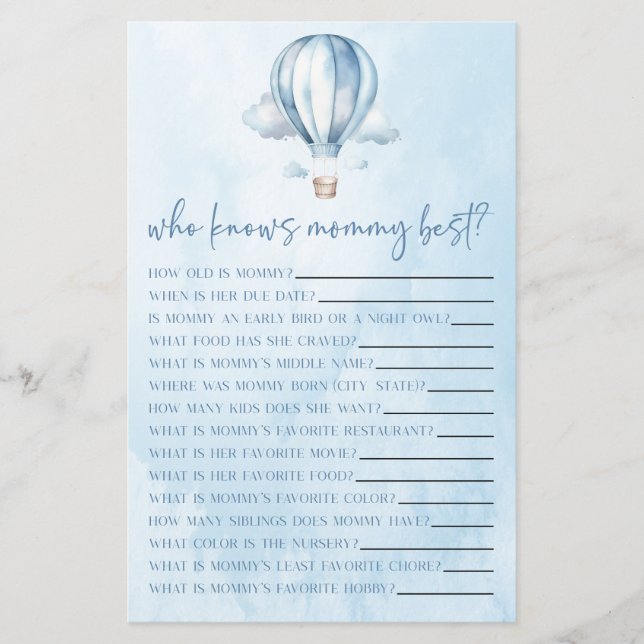 Hot Air Balloon Who Knows Mommy Baby Shower Game (Front)