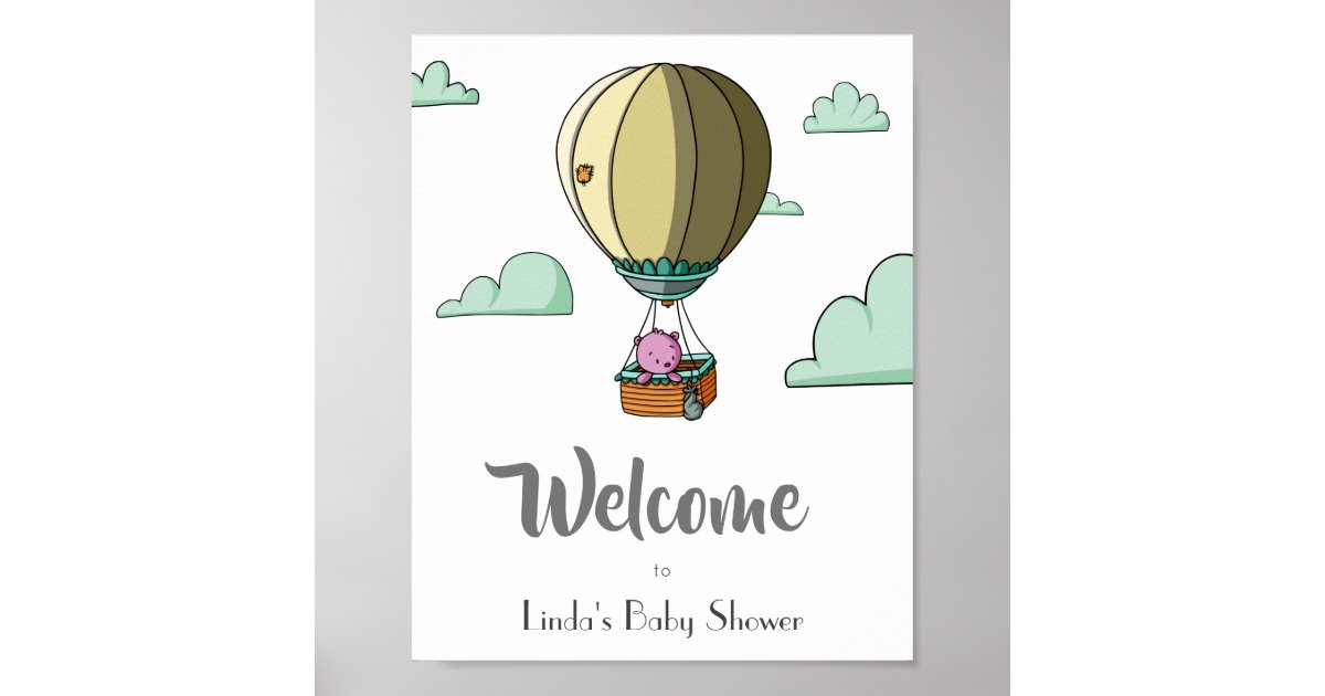 Hot Air Balloon with Bear Welcome Baby Shower Poster | Zazzle