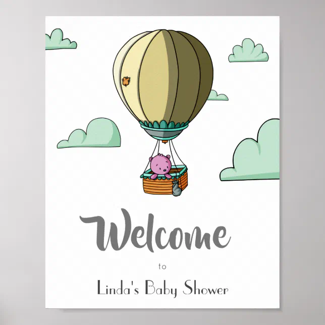 Hot Air Balloon with Bear Welcome Baby Shower Poster | Zazzle