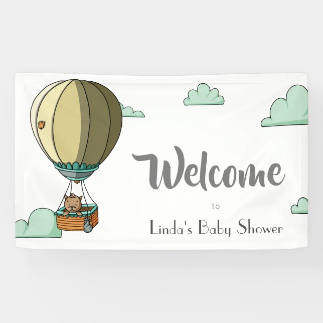 Hot Air Balloon with Cat Welcome Baby Shower Banner (Horizontal)