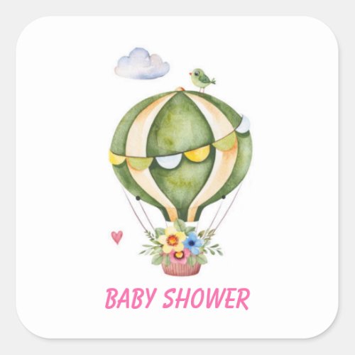 Hot Air Balloon with Florals Girl Baby Shower Square Sticker