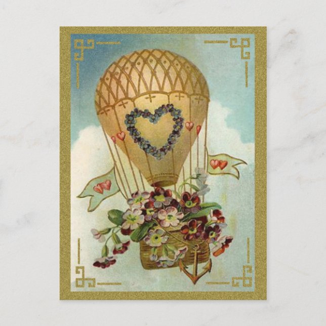 Hot Air Balloon With Flowers Valentine Cards, Gift Holiday Postcard (Front)