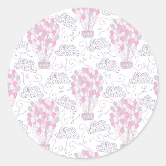 Hot air balloon with party balloons in pink classic round sticker