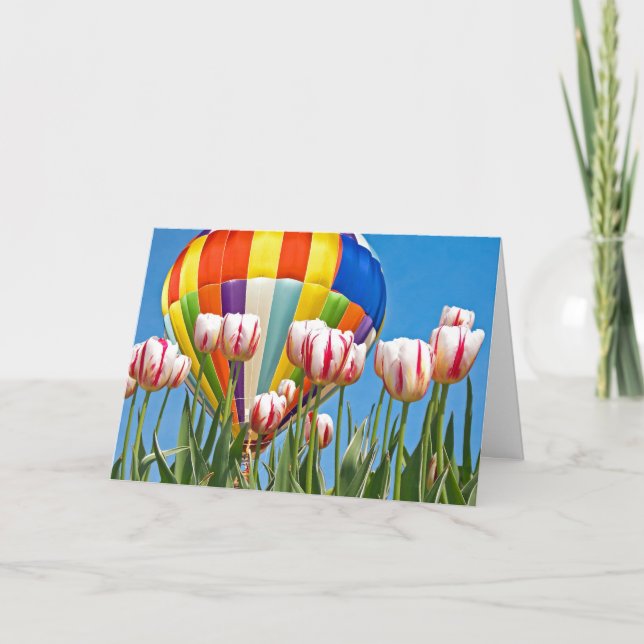 Hot air balloon with spring tulips card (Front)