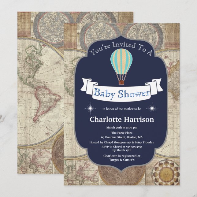 Hot Air Balloon & World Map Baby Shower Invitation (Front/Back)