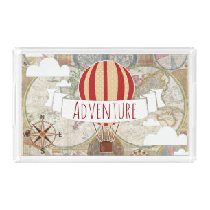Hot Air Balloon & World Map Vintage Adventure Acrylic Tray