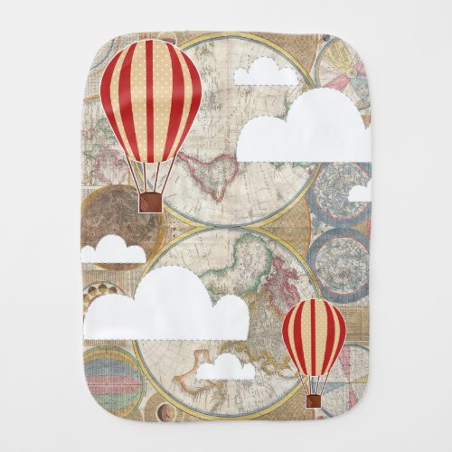 Hot Air Balloon  World Map Vintage Traveler Burp Cloth