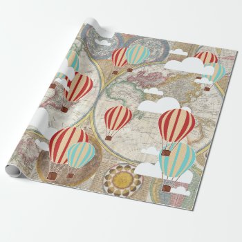Hot Air Balloon & World Map Vintage Traveler Wrapping Paper by GrudaHomeDecor at Zazzle