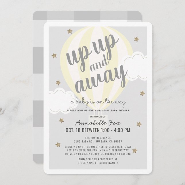 Hot Air Balloon Yellow Drive-by Baby Shower Invitation (Front/Back)
