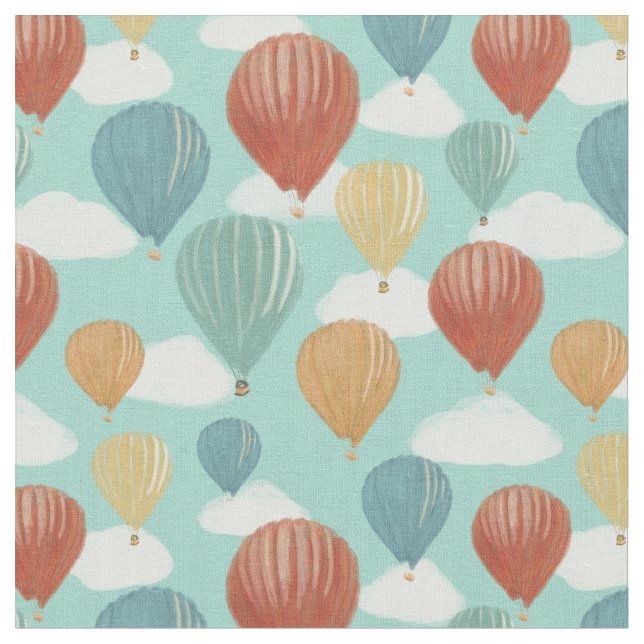 Hot Air Balloons and White Clouds Patterned Fabric (Close Up)