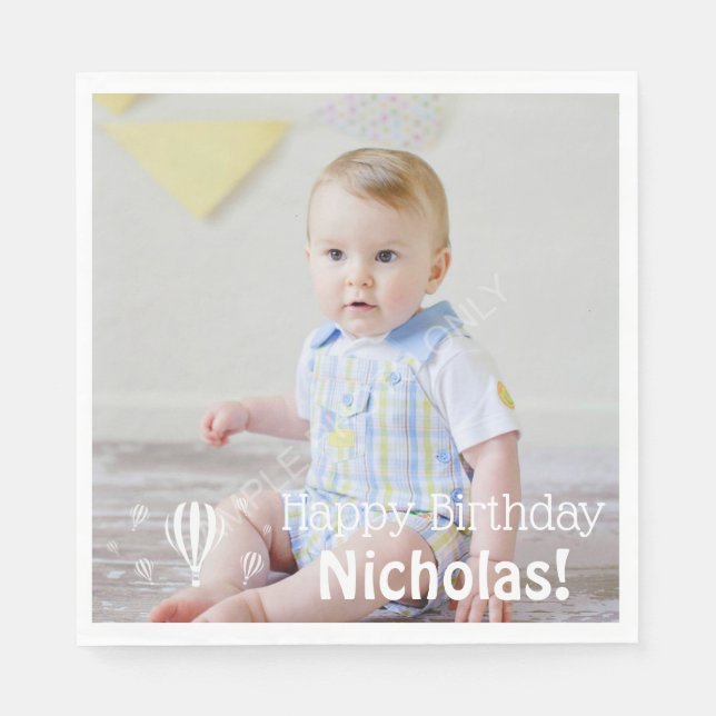 Hot Air Balloons Baby's First Birthday Photo Napkins (Front)