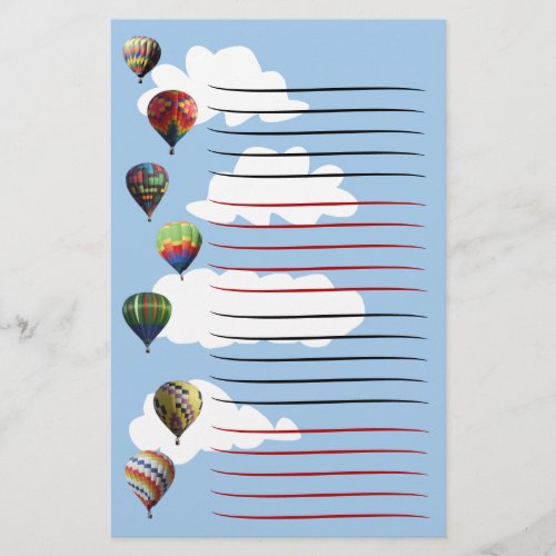 Hot Air Balloons Blue Sky Clouds Black Red Lines Stationery
