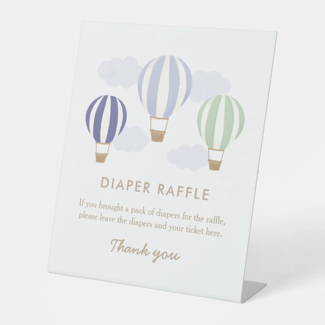 Hot Air Balloons Boy Baby Shower Diaper Raffle Pedestal Sign (Front)