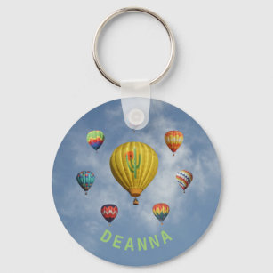 Hot Air Balloons Circle Whispy Clouds Green Name Keychain