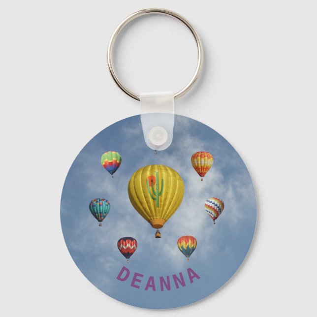 Hot Air Balloons Circle Whispy Clouds Purple Name Keychain (Front)