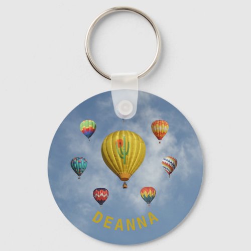 Hot Air Balloons Circle Whispy Clouds Yellow Name  Keychain