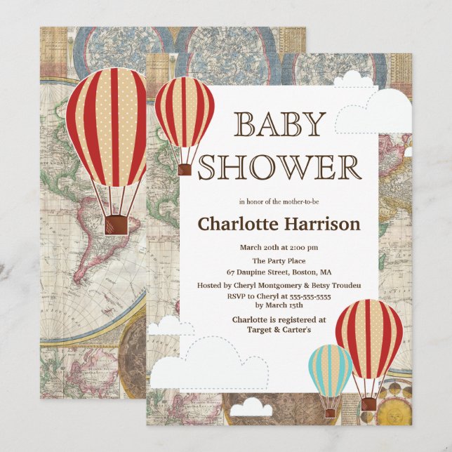 Hot Air Balloons & Clouds World Travel Baby Shower Invitation (Front/Back)