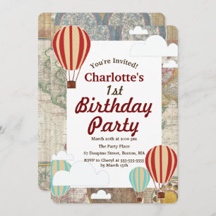 Hot Air Balloons & Clouds World Travel Birthday Invitation