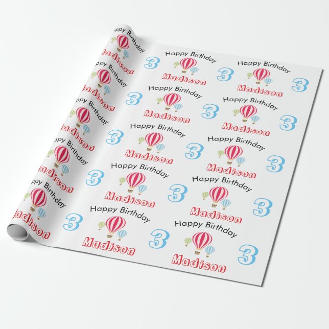 Hot Air Balloons Design Birthday Custom Name Wrapping Paper (Unrolled)