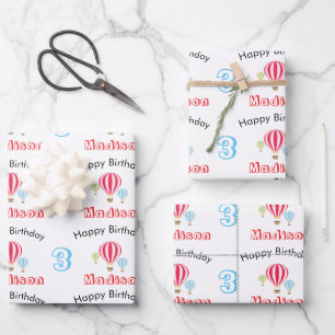 Hot Air Balloons Design Birthday Custom Name Wrapping Paper Sheets