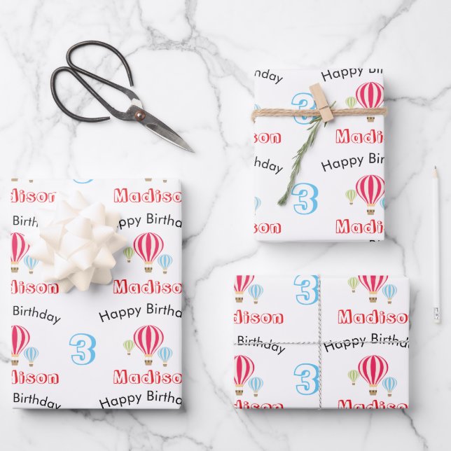 Hot Air Balloons Design Birthday Custom Name Wrapping Paper Sheets (Front)