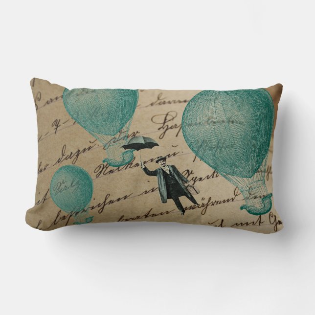Hot Air Balloons Flying Umbrella Man Handwriting Lumbar Pillow (Front)