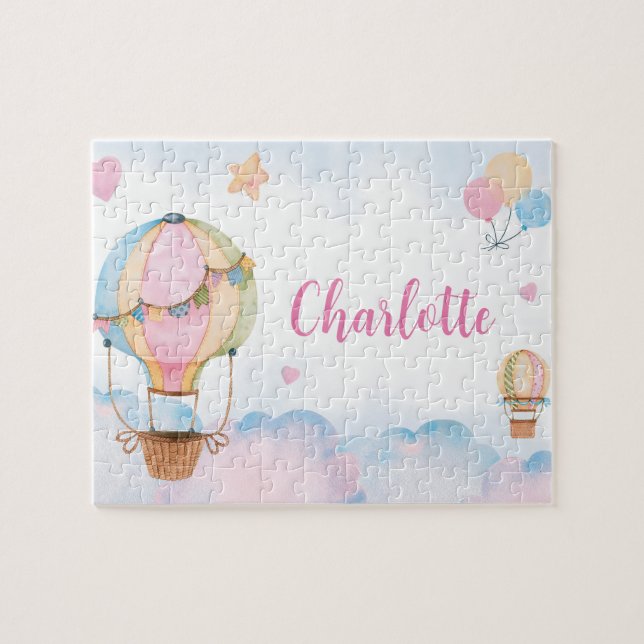 Hot Air Balloons, Hearts & Clouds Personalized Jigsaw Puzzle (Horizontal)