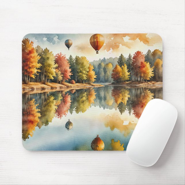 Hot Air Balloons Hovering Over an Autumn Lake Mouse Pad (With Mouse)