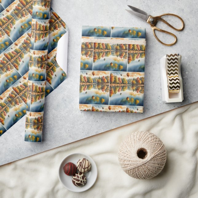 Hot Air Balloons Hovering Over an Autumn Lake Wrapping Paper (Crafts)