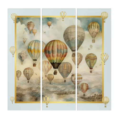 Hot Air Balloons in Flight 3 Panel Wall Art Pastel