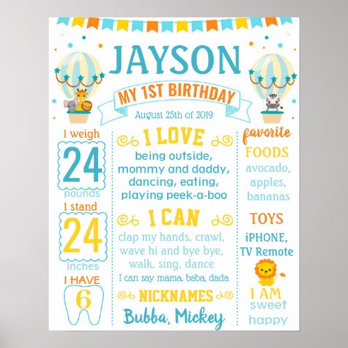 Hot air balloons Jungle Zoo Animals Birthday Poster