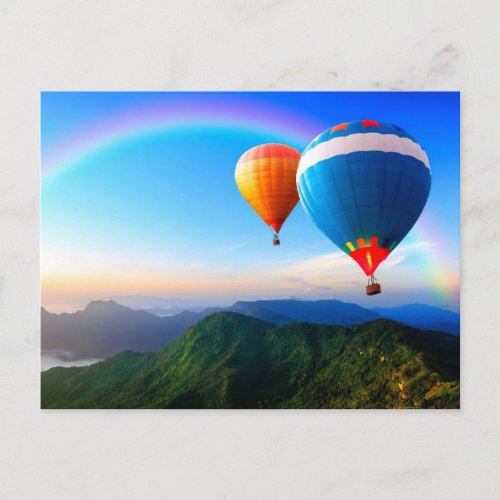 Hot Air Balloons Over Mountains Rainbow Postcard