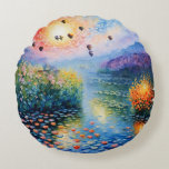 Hot air Balloons over pastel stream Round Pillow
