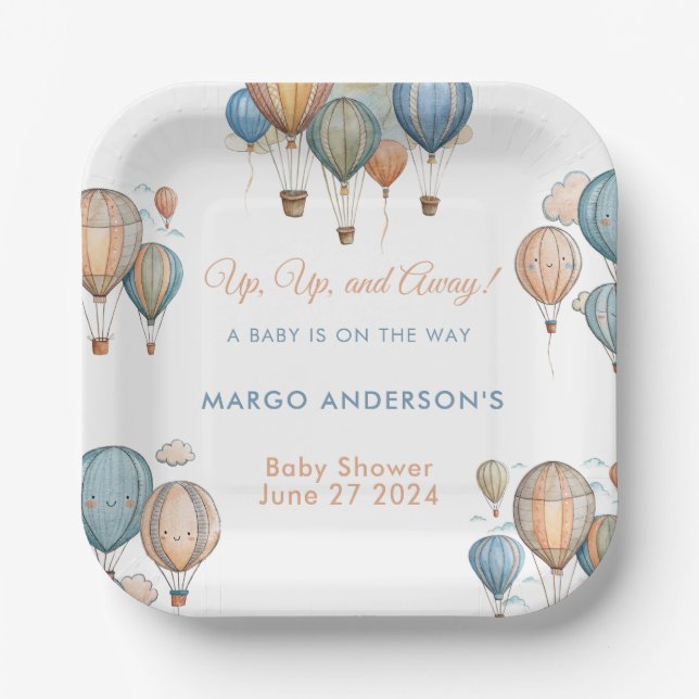 Hot Air Balloons Pastel Boy Travel Baby Shower Paper Plates (Front)