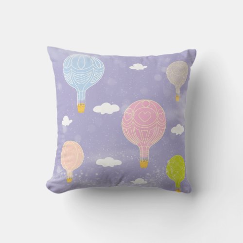 Hot Air Balloons Pastel Purple Pink Blue Peach Throw Pillow
