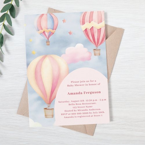 Hot air balloons pink girl  Baby Shower Invitation