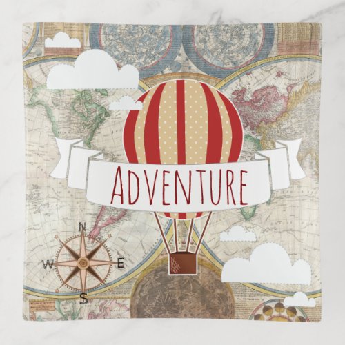 Hot Air Balloons Vintage Map World Adventure Trinket Tray