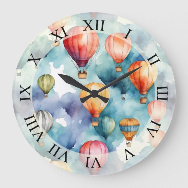  Hot Air Balloons Watercolor Art  Large Clock (Front)