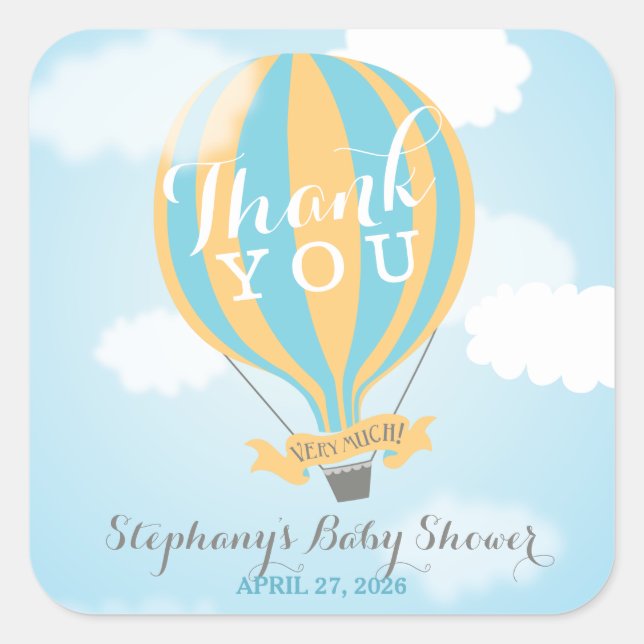 Hot Air Blue Yellow Balloon Thank You Stickers (Front)