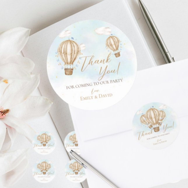 Hot Air brown Balloons blue flags clouds thank you Classic Round Sticker (Creator Uploaded)