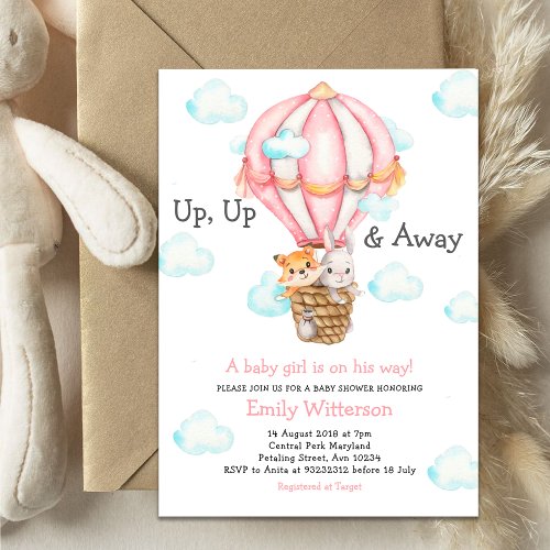 Hot Air Pink Balloon animals Girl Baby Shower  Invitation