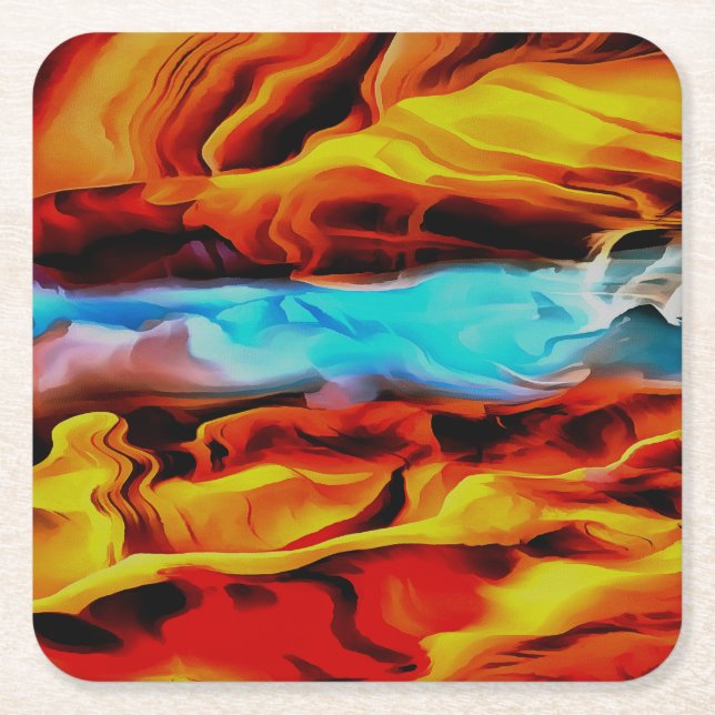 Hot And Cold Elements Acrylic Pour Abstract  Square Paper Coaster (Front)