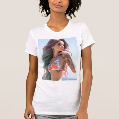 Hot Anime Girl on Beach T_Shirt